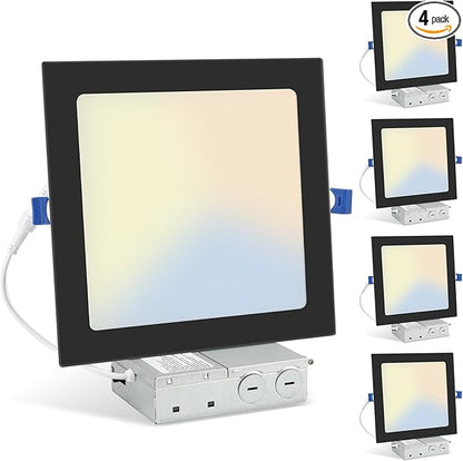 HONZIN 4 Pack 8 Inch Square LED Recessed Lighting, Ultra-Thin Canless Ceiling Light, 5CCT Selectable 2700K/3000K/3500K/4000K/5000K, 20W Dimmable, IC Rated with Junction Box, Black Trim