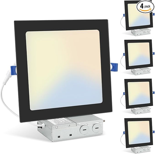 HONZIN 4 Pack 8 Inch Square LED Recessed Lighting, Ultra-Thin Canless Ceiling Light, 5CCT Selectable 2700K/3000K/3500K/4000K/5000K, 20W Dimmable, IC Rated with Junction Box, Black Trim