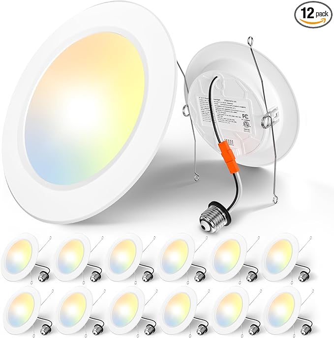 Amico Recessed Lighting 5/6 Inch, 12 Pack 5CCT Flat LED Can Lights, 2700K/3000K/4000K/5000K/6000K Selectable,12W Eqv 110W, 1050LM Brightness, Retrofit Installation - ETL & FCC, White