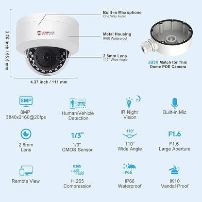Anpviz UltraHD 4K (8MP) Security IP PoE Dome Camera Outdoor with Microphone/Audio, 3840x2160, Human Vehicle Detection, 100ft IR Night Vision, 2.8mm Wide Angle, IP66, Not PTZ,IPC-D280W-S (U Series)