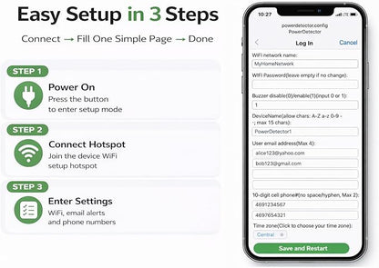 WiFi Power Outage Alarm Detector, Power Failure & Restoration Alerts with SMS Text, Email & Audible Alarm