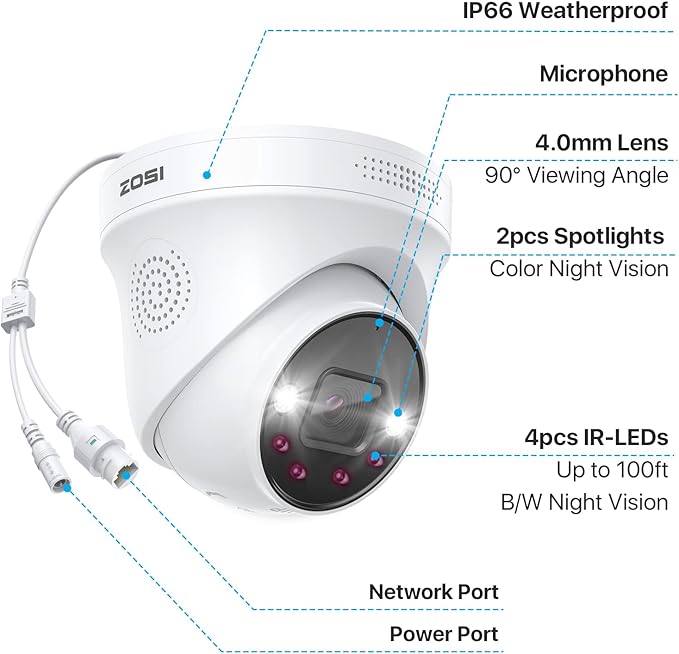 ZOSI 4 Pack 4K PoE Outdoor Security Camera, Human Detection, Two Way Audio, 8MP IP Dome Add-On Camera with Network Cable for ZOSI 4K PoE NVR