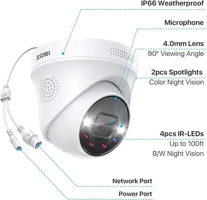 ZOSI 4 Pack 4K PoE Outdoor Security Camera, Human Detection, Two Way Audio, 8MP IP Dome Add-On Camera with Network Cable for ZOSI 4K PoE NVR