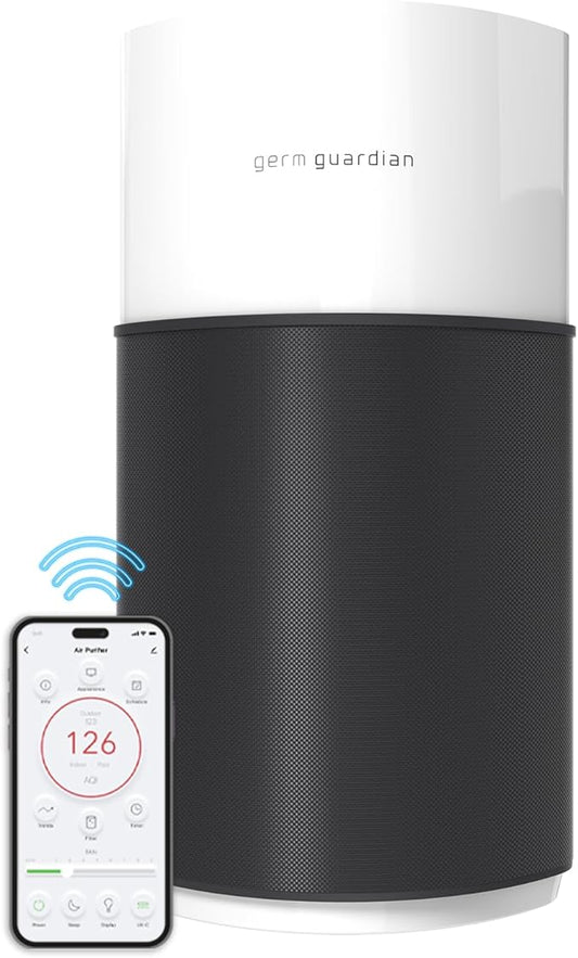 GermGuardian AirSafe+ XL Smart Air Purifier for Home 360° True HEPA Filter, UV-C, WiFi/App Enabled, Air Quality Monitor, Large Rooms Up to 1680 Sq Ft, For Smoke, Dust, Pet Dander, Black/White, AC3250