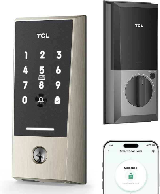 TCL Wi-Fi Smart Lock D2, Keyless Entry WiFi Door Lock with Key Fob, Built-in Doorbell, Touchscreen Keypad, App Remote Control, Easy Installation, No Bridge Required, Auto Lock (Brushed Nickel)