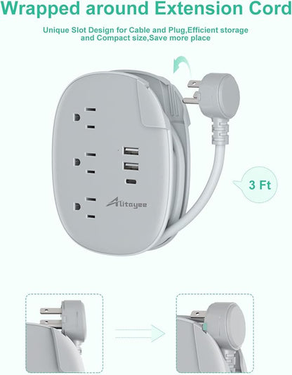 Alitayee USB C Portable Travel Power Strip with 3 Outlets 3 USB Ports Fast Charge, USB Extendable Outlet Extender with Flat Plug and 3ft Wrapped Around Extension Cord for Cruise Travel Home Office