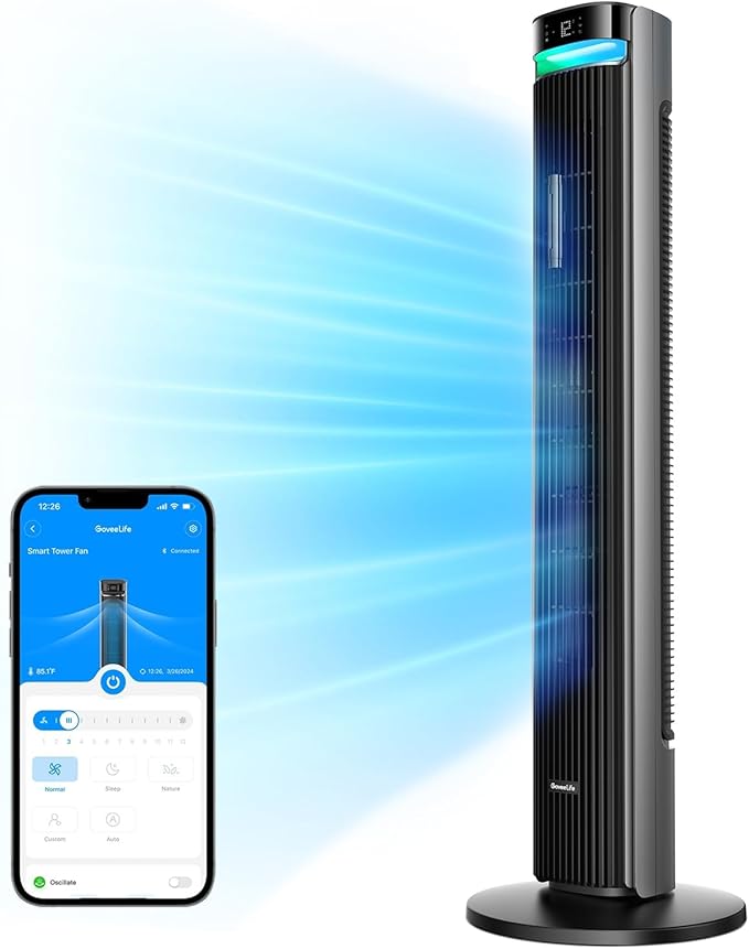 GoveeLife 42'' Tower Fan for Bedroom, Smart Floor Fans with 150° Adjustable Oscillating, APP & Voice Control, 5 Modes 12 Speeds up to 26ft/s, 24H Timer, 27dB Quiet Fan for Cooling Home Office Silver | Smart Floor Fans for Bedroom, up to 26ft/s, APP & V...