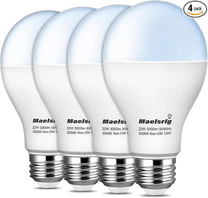 Maelsrlg 200 Watt LED Bulb Equivalent, A21 22W 3000 Lumen LED Light Bulb, Daylight 5000K, Non-Dimmable E26 Medium Base 120V-High Output 200W LED Light Bulbs for Garage, Shop, Warehouse, 4-Pack