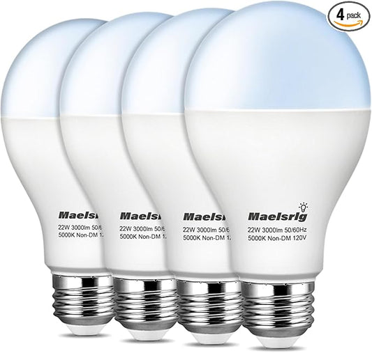 Maelsrlg 200 Watt LED Bulb Equivalent, A21 22W 3000 Lumen LED Light Bulb, Daylight 5000K, Non-Dimmable E26 Medium Base 120V-High Output 200W LED Light Bulbs for Garage, Shop, Warehouse, 4-Pack