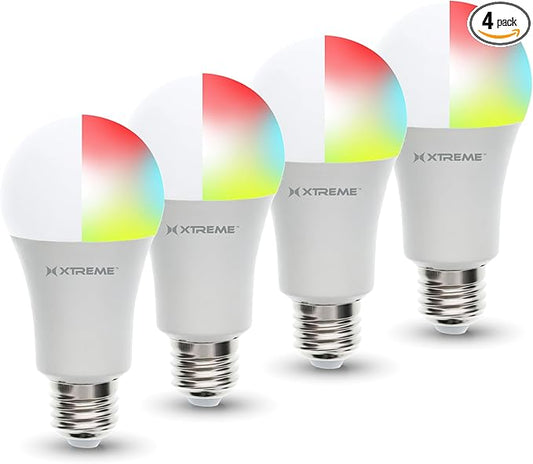 XTREME 4 Pack Smart Wi-Fi Dimmable White + Multi Color LED Light Bulb, A19, E26, 9 Watt, Mobile App Control