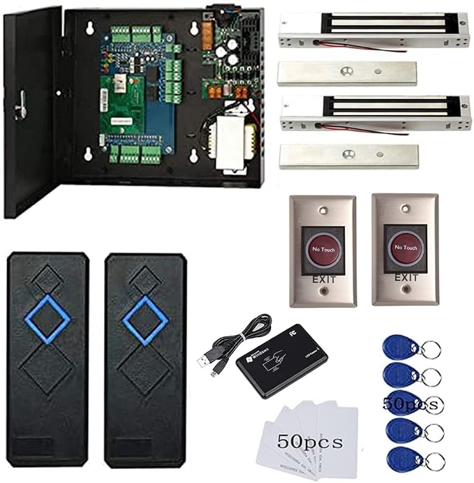 2 Door Access Control System with 600lbs Magnetic Lock Infrared NoTouch Request to Exit Button 110V Power Supply Box RFID Reader USB Enroll Reader Card Key Fob APP Remote Open Lock