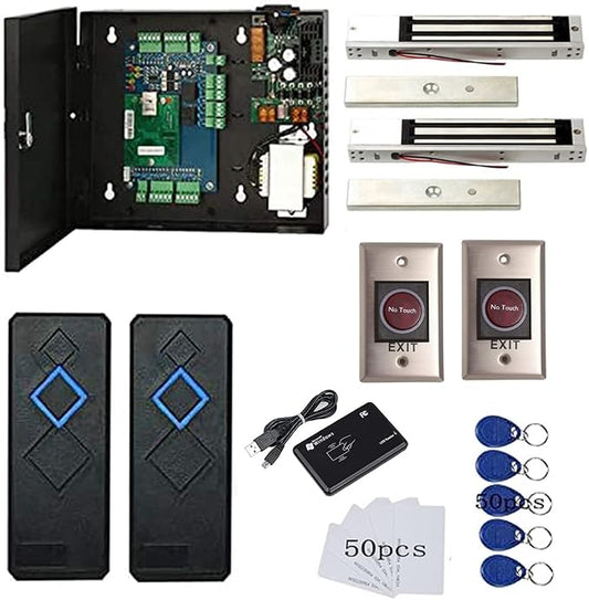 2 Door Access Control System with 600lbs Magnetic Lock Infrared NoTouch Request to Exit Button 110V Power Supply Box RFID Reader USB Enroll Reader Card Key Fob APP Remote Open Lock
