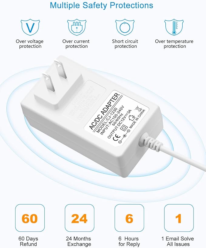 ALITOVE 12 Volt 3A Power Supply DC 12V 36W Universal AC/DC Adapter White 100-240V 50-60Hz Transformer Converter with10 Tips