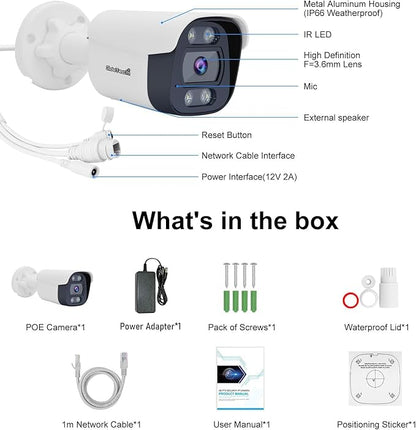 JideTech 4K 8MP PoE IP Bullet Security Camera Outdoor, 110° Wide Angle 2.8mm Lens, Human/Vehicle Motion Detection, 98ft IR, Full Color Night Vision,Two-Way Talk, Built-in Mic, Blue Irs, for Onvif NVR