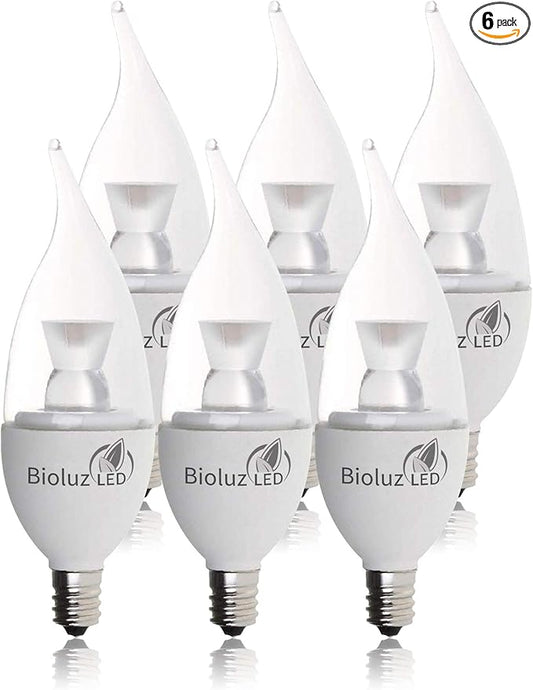 Bioluz LED Light Bulb 40W Candelabra LED Bulbs w/Flame Tip, Dimmable12 Base Candle Light Bulbs 2700K Warm White LED Light Bulb for Indoor/Outdoor Use FCC and UL Listed 6 Pack