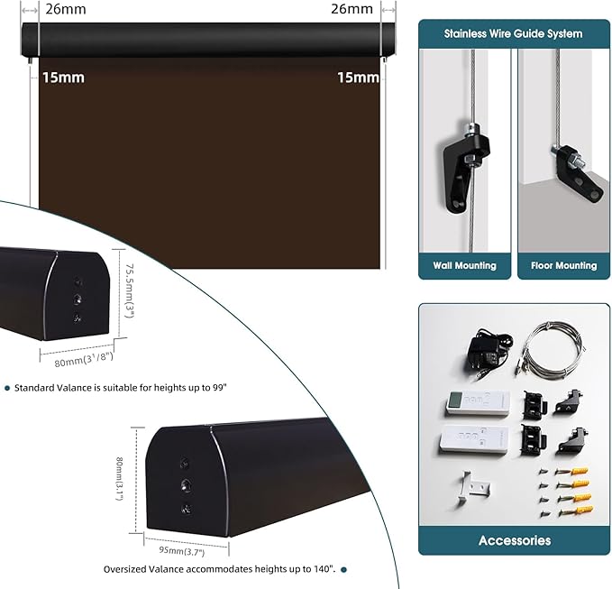 Motorized Outdoor Roller Shades,Patio Roll Up Blind Work with Alexa,Google Home,Apple Homekit,Remote Control Sun Shade,Waterproof &Windproof Smart Blinds for Porch,Sirus Dark Brown,5% Openness
