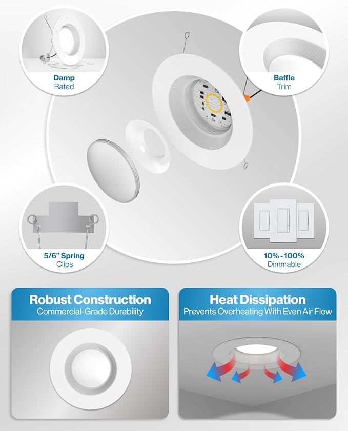 Sunco 12 Pack Retrofit LED Recessed Lighting 6 Inch, Downlight Can Lights for Ceiling, 1050 LM, 2700K Soft White, Dimmable, Baffle Trim, 13W=75W, 50000 Lifetime Hours, Damp Rated UL.
