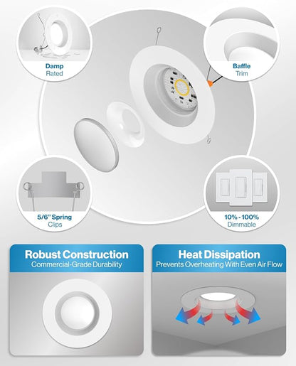 Sunco 12 Pack Retrofit LED Recessed Lighting 6 Inch, Downlight Can Lights for Ceiling, 1050 LM, 2700K Soft White, Dimmable, Baffle Trim, 13W=75W, 50000 Lifetime Hours, Damp Rated UL.