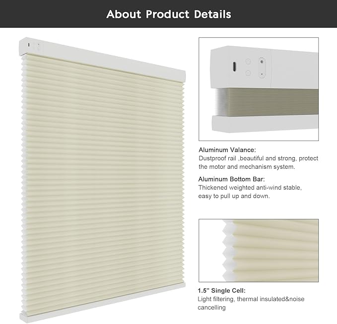 Changshade Smart Motorized Cellular Shades Remote Control for Indoor Windows Doors, Custom Size Electric Automatic Light Filtering Honeycomb Blinds Work with Alexa, Google Home, Smarthings, Beige