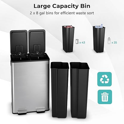 Goplus Dual Trash Can, 16 Gallon/ (2x30L) Double Trash and Recycling Bin Combo for Kitchen, Stainless Steel Garbage Can with 2 Removable Inner Buckets, Soft Closure & Step-on Pedal