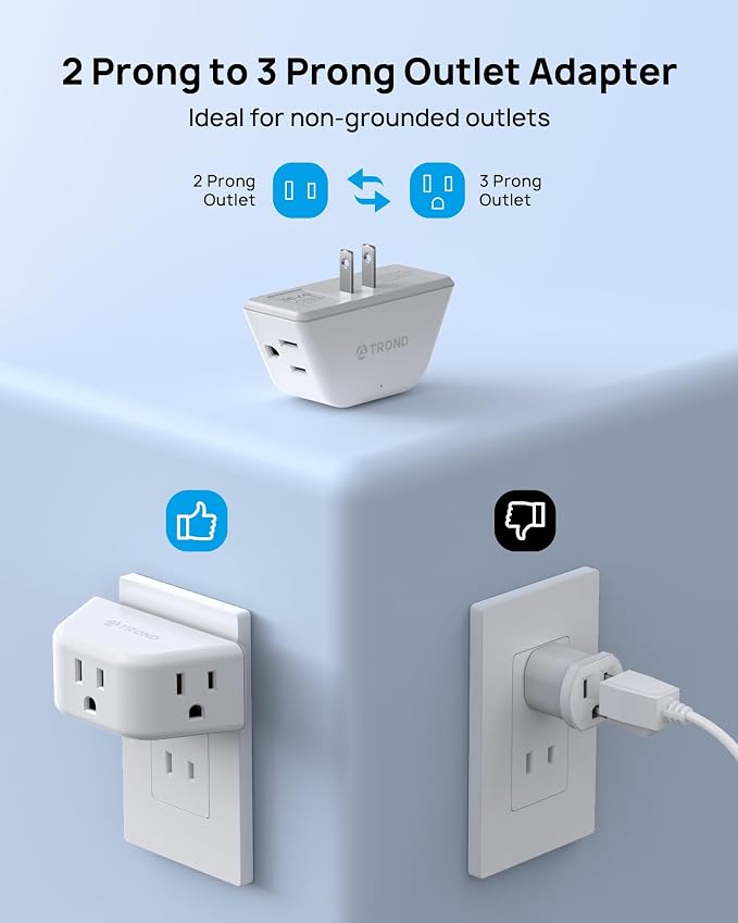 TROND 2 Prong to 3 Prong Outlet Adapter for Old House | 3-Way Angled Plug Extender with 3 AC Sockets, Plug Splitter for Non-Grounded Socket in Home Hotel, Cruise Essentials, White