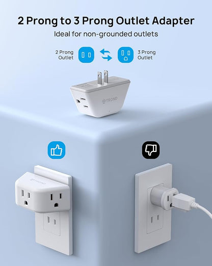 TROND 2 Prong to 3 Prong Outlet Adapter for Old House | 3-Way Angled Plug Extender with 3 AC Sockets, Plug Splitter for Non-Grounded Socket in Home Hotel, Cruise Essentials, White
