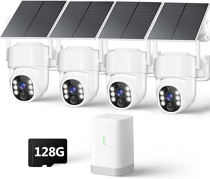 4MP Security Cameras Wireless Outdoor, No Subscription 128GB Local Storage, Solar Powered Cameras For Home Security, PTZ Auto Tracking, 4Cam-Kit, Color Night Vision Home Security Camera System,5G&2.4G