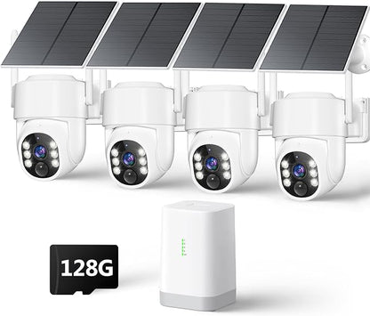 4MP Security Cameras Wireless Outdoor, No Subscription 128GB Local Storage, Solar Powered Cameras For Home Security, PTZ Auto Tracking, 4Cam-Kit, Color Night Vision Home Security Camera System,5G&2.4G
