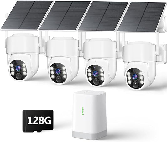 4MP Security Cameras Wireless Outdoor, No Subscription 128GB Local Storage, Solar Powered Cameras For Home Security, PTZ Auto Tracking, 4Cam-Kit, Color Night Vision Home Security Camera System,5G&2.4G