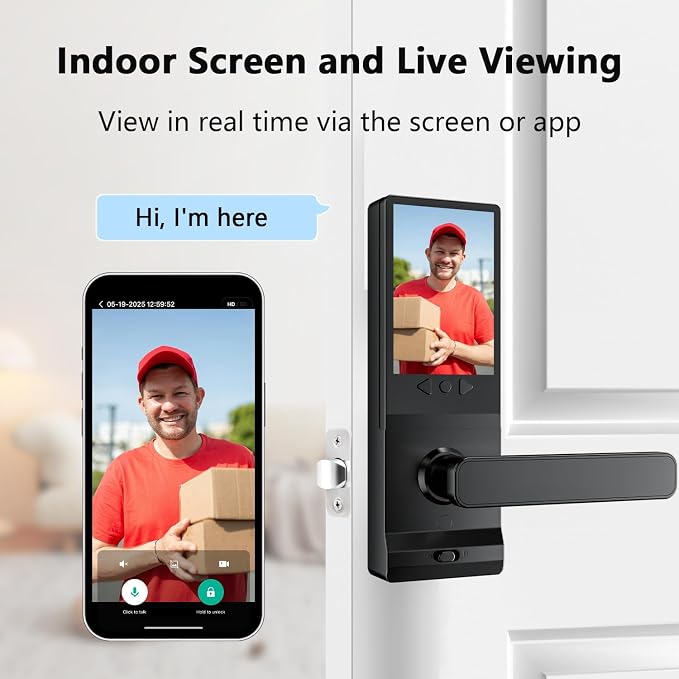 Smart Lock with Camera, Doorbell, Lever Handle, Screen for Front Door