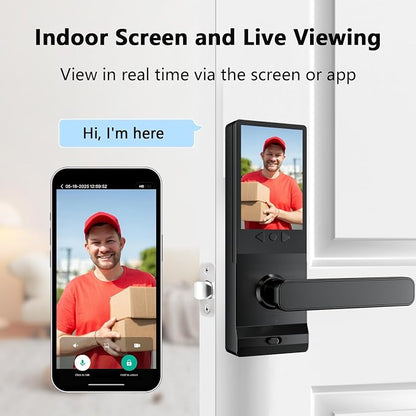 Smart Lock with Camera, Doorbell, Lever Handle, Screen for Front Door