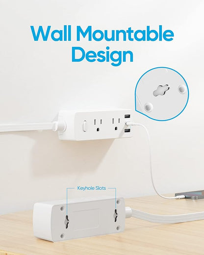 Flat Extension Cord 15ft, Olcorife Flat Plug Power Strip with 6 Outlets 3 USB Ports(1 USB C), 3-Side Outlet Extender Surge Protector for Home Office Dorm Room Essentials, White
