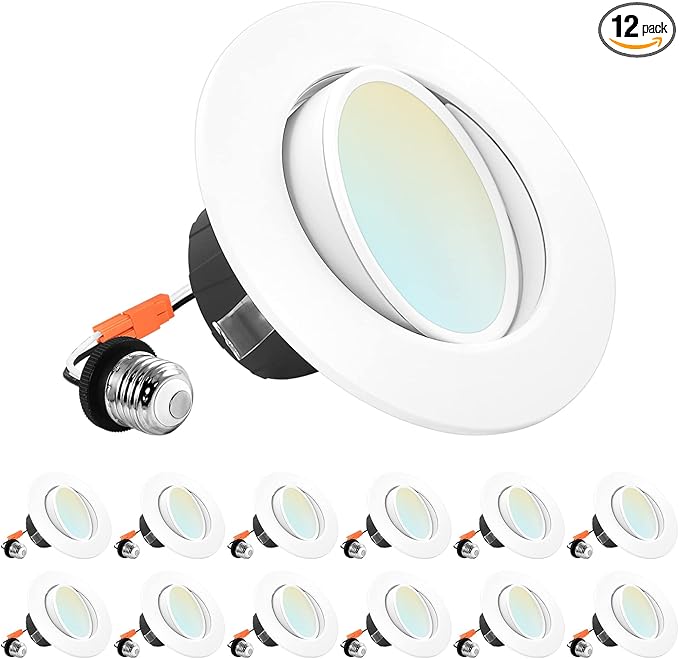 LUXRITE 12-Pack 4 Inch Gimbal LED Recessed Lighting Can Lights, 8W=60W, 5 Color Selectable 2700K-5000K, CRI 90, Dimmable Adjustable LED Downlight, 700 Lumens, Wet Rated, Energy Star, ETL Listed