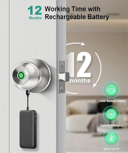 Smart Door Knob with Lock,Fingerprint Door Lock,2 Pcs,Burnished Silver | Smart Lock with Auto-Lock , App, Key, Fingerprint Door Locks for Front Door, Garage, Apartment, Hotel, Interior, Exterior