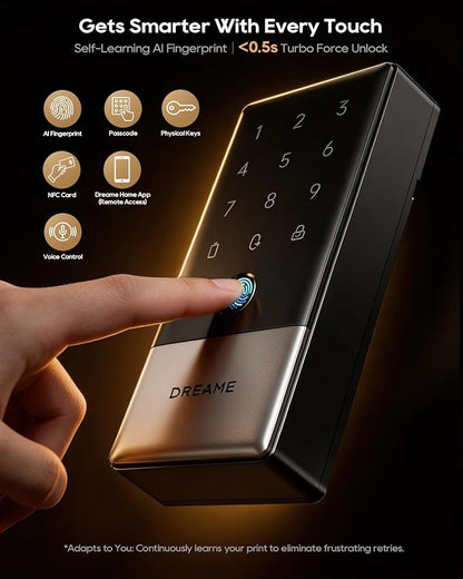 DREAME Wi-Fi Smart Door Lock for Front Door A10, Matter Over Thread, Works with Apple Home, Alexa, Google, AI Fingerprint Keyless Deadbolt Set, Geofencing Auto Unlock, BHMA Grade 2, IP65 Waterproof