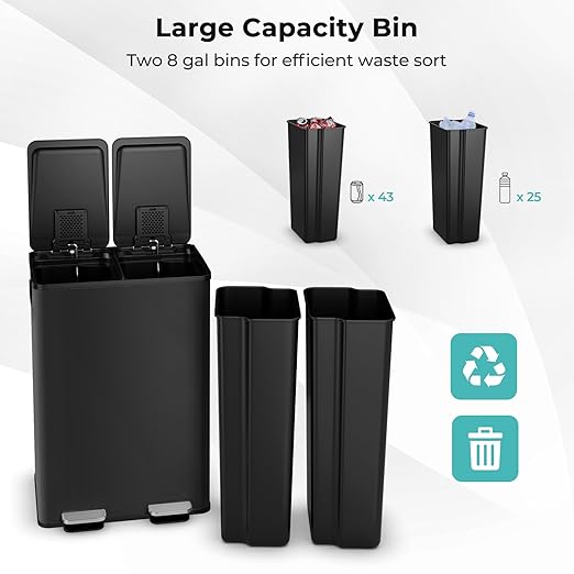 Goplus 16 Gallon/ (2x30L) Stainless Steel Trash Can, Kitchen Trash Bin w/Dual Removable Inner Buckets, Soft Closure & Step-on Pedal, Deodorizer Compartment, Garbage Bin for Recycling, Black