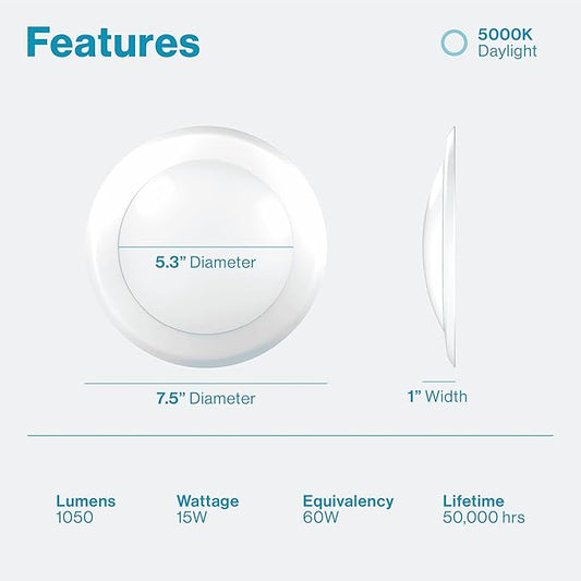 Sunco 24 Pack 5/6â€ LED Disk Lights Flush Mount Ceiling Light Fixture Recessed 5000K Daylight, 100W Equivalent 15W, 1050LM, Dimmable Low Profile Surface Mount ETL & Energy Star Listed