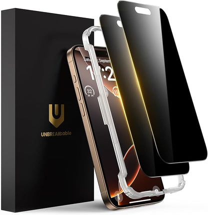 UNBREAKcable Privacy Screen Protector for iPhone 16 Pro, Anti-Spy Shatterproof Tempered Glass [True 28°Anti Spy] [9H Hardness] [Easy Installation Frame] Black Protector for iPhone 6.3" - 2 Pack