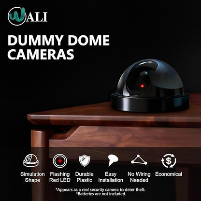 WALI Dummy Fake Security CCTV Dome Camera with Flashing Red LED Light with Security Alert Sticker Decals (SD-8), 8 Packs, Black