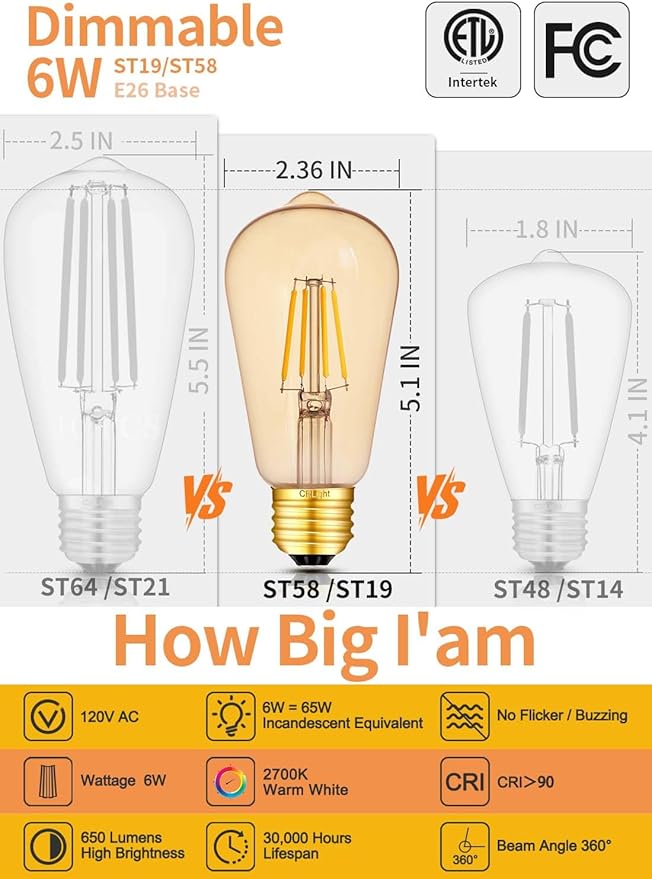 Amber Glass ST58 = ST19 Vintage LED Edison Bulb - Dimmable 6W 650LM 2700K Warm White, 90+ CRI, E26 Antique Style Decorative Filament Light, 60W Incandescent Replacement, 10-Pack