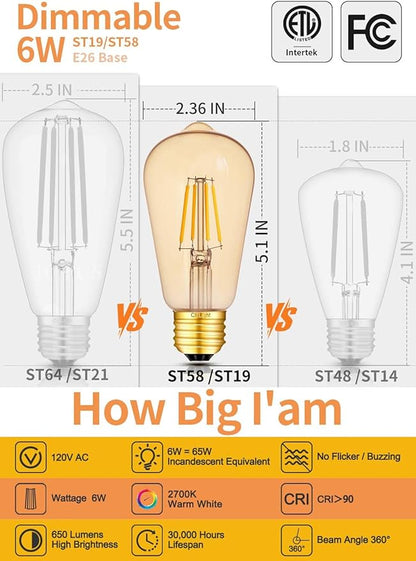 Amber Glass ST58 = ST19 Vintage LED Edison Bulb - Dimmable 6W 650LM 2700K Warm White, 90+ CRI, E26 Antique Style Decorative Filament Light, 60W Incandescent Replacement, 10-Pack