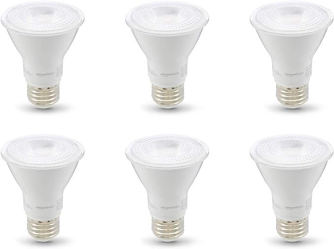 Amazon Basics PAR20 LED Light Bulb, 50W Equivalent, 7W Energy Efficient, E26 Standard Base, Warm White 3000K, Dimmable, 10,000 Hour Lifetime, 6-Pack
