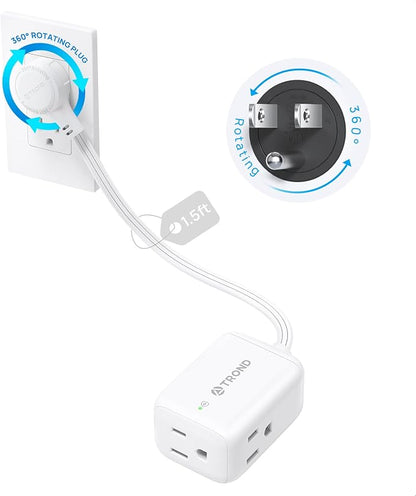 TROND Rotating Flat Plug Extension Cord Surge Protector 1.5ft, 3 AC, White