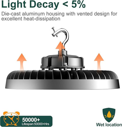 500W LED High Bay Light AC100-277V High Bay LED Light 5000K 75000LM UFO LED Lights with US Plug Suit for 30-60FT Height-𝟓𝐘𝐫𝐬 𝐖𝐚𝐫𝐫𝐚𝐧𝐭𝐲-3Pack