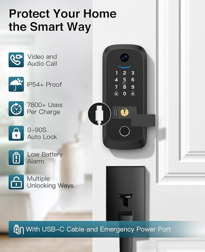 Video Smart Lock with Camera, Built-in Rechargeable Lithium Battery Entry Keyless Door Lock, App Control, Fingerprint ID, IC Card, Keypad Code, Auto Lock for Front Door (Black)