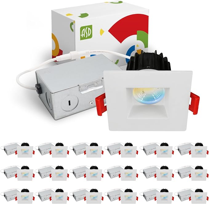 ASD 2 Inch LED Recessed Lighting with Junction Box, 8W 600 Lm, Dimmable Anti-Glare Downlight, 2700K/3000K/3500K/4000K/5000K Selectable, CRI 90+, Square White Trim, IC Rated, ETL, Energy Star, 18 Pack