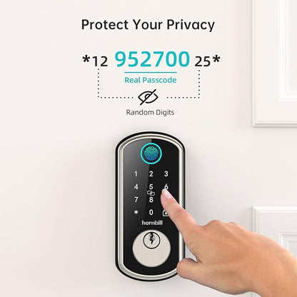 WiFi Smart Door Lock：Hornbill keyless Entry Door Lock with Handle,Fingerprint Smart Lock with 2 Knobs, Alexa Bluetooth Remote APP Control,Auto Locking for Home Hotel,Satin Nickel