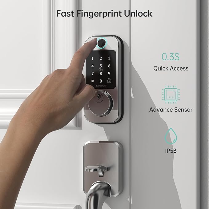 SMONET Smart Front Door Lock Set - Fingerprint Keyless Entry Door Lock Deadbolt with Handle Set Smart WiFi Deadbolt, Digital Keypad Auto Lockset with Code Fob App Compatible with Alexa Silver