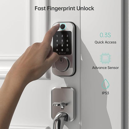 SMONET Smart Front Door Lock Set - Fingerprint Keyless Entry Door Lock Deadbolt with Handle Set Smart WiFi Deadbolt, Digital Keypad Auto Lockset with Code Fob App Compatible with Alexa Silver
