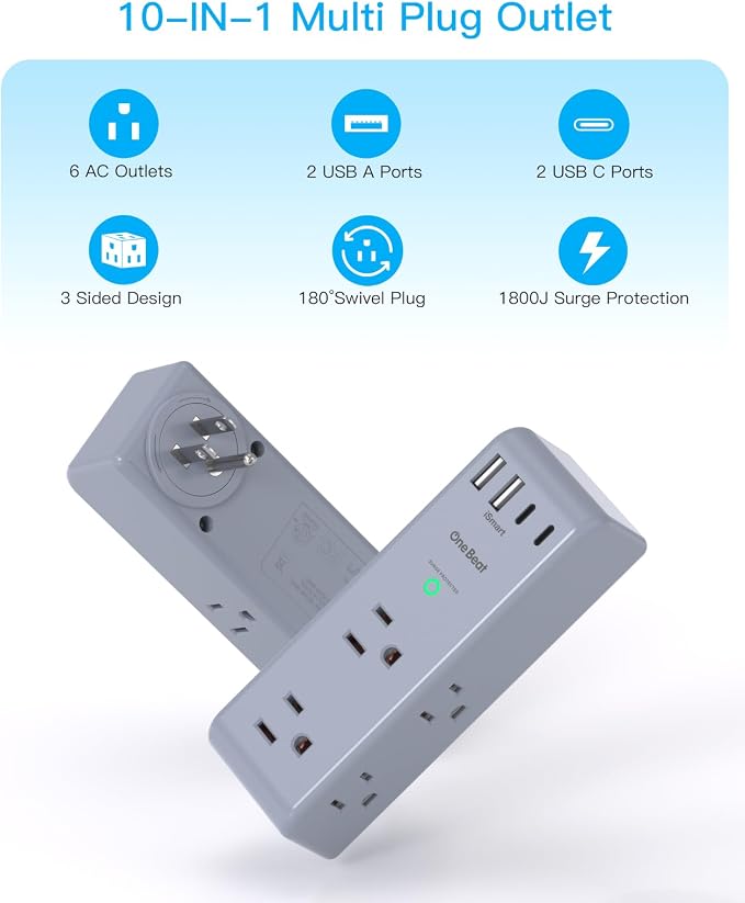 Surge Protector Outlet Extender, Multi Plug Wall Outlet, Rotating Plug,Grey